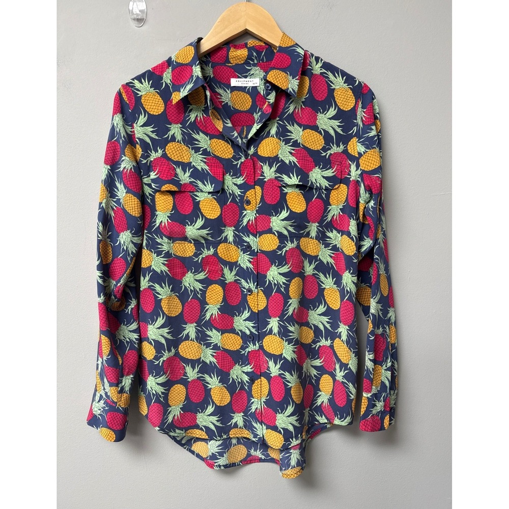 Equipment 100% SILK Pineapple Print Womens XS Navy Blue Long Sleeve Troipical